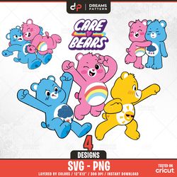 care bears svg, cute bears, 4 designs easy to use, cartoon characters, layered svg by colors, transparent png,