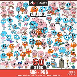 gum ball family svg, 60 designs easy to use, cartoon characters cliparts, layered svg by colors, transparent png,