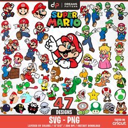 super mario svg, 47 designs easy to use, cartoon characters cliparts, layered svg by colors, transparent png