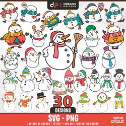 snowman svg bundle, 30 designs easy to use, cartoon characters clipart, layered svg by colors, transparent png,