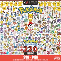 pokemon svg bundle, 220 designs easy to use, cartoon characters cliparts, layered svg by colors, transparent png