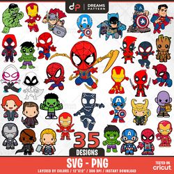 superheroes svg, 35 designs easy to use, cartoon characters cliparts, layered svg by colors, transparent png