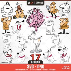 pink panther and friends svg, 17 designs easy to use, cartoon characters, layered svg by colors, transparent png
