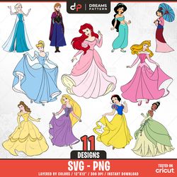 princesses bundle svg, 11 designs easy to use, cartoon characters clipart, layered svg by colors, transparent png