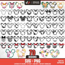 mouse ears svg, floral ears, 70 designs easy to use, cartoon characters, layered svg by colors, transparent png