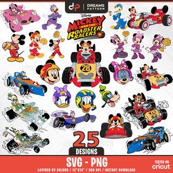 mouse and friends roadster racers svg, 25 designs easy to use, cartoon characters, layered svg by colors