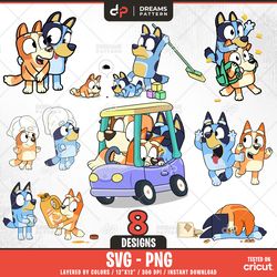 blue dog and bingo funny time svg, 8 designs easy to use, cartoon characters, layered svg by colors, transparent png