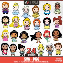 princesses bundle svg, 24 designs easy to use, cartoon characters clipart, layered svg by colors, transparent png