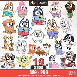 blue dog and friends kids svg, 19 designs easy to use, cartoon characters, layered svg by colors, transparent png