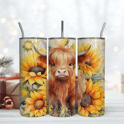 sunflower baby highland cow 20oz tumbler wrap png design