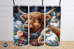 highland cow with bunny tumbler wrap png