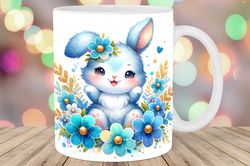 baby rabbit blue flowers mug wrap png