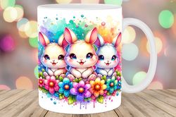 three rabbits colorful flowers mug wrap png