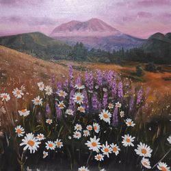 oil painting on canvas panel landscape with daisies