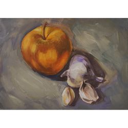 oil painting on cardboard apple and garlic