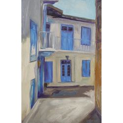 oil painting the house with blue windows