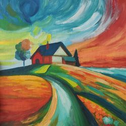 oil painting abstract landscape with a house