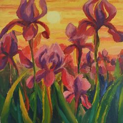 original oil painting on cardboard flowers irises
