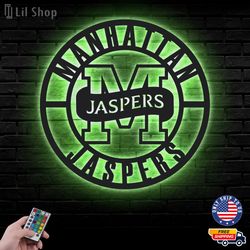 manhattan jaspers metal sign, ncaa logo metal led wall sign, ncaa wall decor, manhattan jaspers led metal wall art