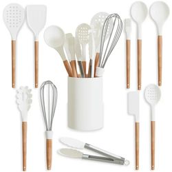 silicone kitchen utensils set | white kitchen utensils with holder (11 pc.) white kitchen set with wooden handle for hom