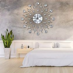 carrie rstocker wall clock,wall clock with bling diamond,sparkling bling metallic silver flower-shaped wall clock for li