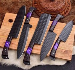 5pcs hand forged carbon steel, steel knife set, chef knife set,, gift for husband kitchen knife set black powder coated