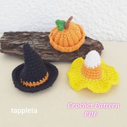 halloween hats mini crochet pattern, mini witch hat, mini candy corn hat, pumpkin hat for amigurimi doll, crochet hallow