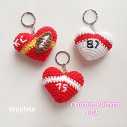 football valentines heart keychain crochet pattern, crochet hearts kansas city football charm, fooball lowers hearts