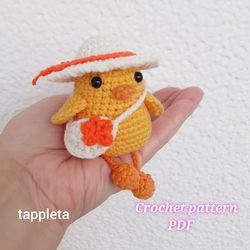 vacation chicken crochet pattern pdf, amigurumi leggy chicken with straw hat and crossbody, summer chichen crochet farm