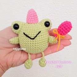 birthday frog, leggy frog crochet pattern pdf, amigurumi frog with balloon and hat pattern, chubby frog