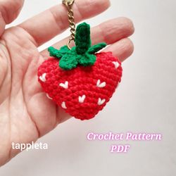 strawberry heart crochet pattern, strawberry keychain, amigurumi strawberry keychain, love strawberry bag charm crochet