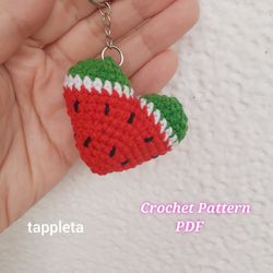 watermelon heart crochet pattern, watermelon keychain pattern, amigurumi keychain, crochet watermelon heart bag charm