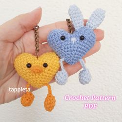 crochet heart chick and heart bunny keychain pattern, crochet chicken pattern keychain, bunny keychain single crochet ea