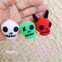 skull trio crochet pattern, skull keychain zombie skull devil skull, halloween crochet pattern skull, halloween keychain