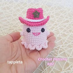 cowgirl ghost car charm crochet pattern, small pink ghost with cowgirl hat, halloween ornaments no sew cowgirl decor