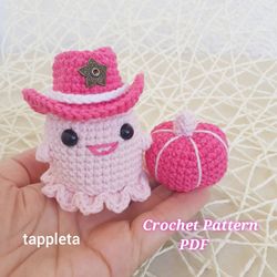 cowgirl ghost with pink pumpkin crochet pattern, cute pink cowgirl ghost with cowgirl hat, car rearview mirror hanging a