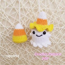 ghost with candy corn crochet car charm pattern, candy corn crochet pattern, candy corn ghost car rearview mirror hanger