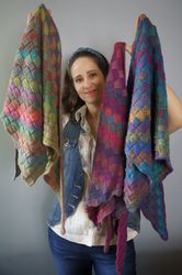 multicolor knit shawl entrelac shawl rainbow handmade wrap triangle shawl knit handmade kerchief striped wool scarf her