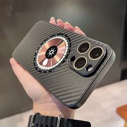 luxury magnetic wireless charging phone case for iphone 15 14 13 12 pro max - carbon fiber telephone cover shell funda