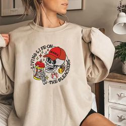 living life on baseball shirt, baseball embroidery shirt, baseball shirt, skull embroidery shirt, skeleton sweatshirt