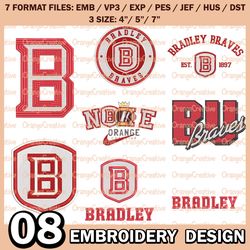 8 bradley braves logo bundle emb files, ncaa bradley braves embroidery designs, bundle ncaa machine embroidery digital