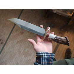 stag handle custom handmade fixed blade bowie knife carbon steel hunting knife