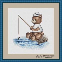 bear on the fish cross stitch pattern pdf,cssaga,cross stitch bear, stitch fisching ,cross stitch nature, stitch summer