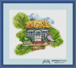 bird house counted cross stitch pattern, pdf, cssaga file, needlepoint cross stitch , cross stitch bird, xstitch nature