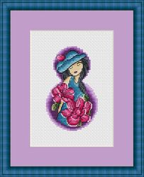 lady with pink flowers counted cross stitch pattern pdf, cssaga, cross stitch lady, xstitch flowers, stitch flowers