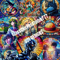 digital stained glass art, stained designs anime-inspired , stained glass anime characters, bundle design, bundle anime