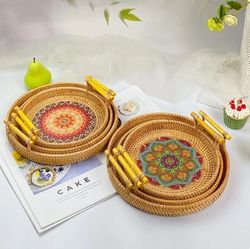 handwoven rattan tray - round rattan storage basket tray with wooden handle - bread fruit cake food plate serving tray f