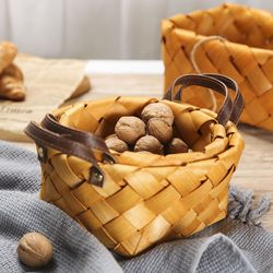 decorative hand woven fruit picnic basket with handle - wood chip bread basket - kitchen storage basket - desktop snacks