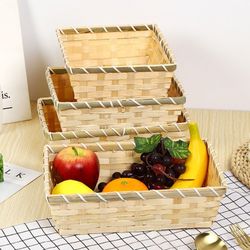 natural color bamboo basket - simple woven rectangle christmas hamper - handmade wicker bread basket - home shop display