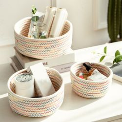 round sundries storage baskets - japanese style cotton woven desktop organizer box - bedroom makeup cosmetic container